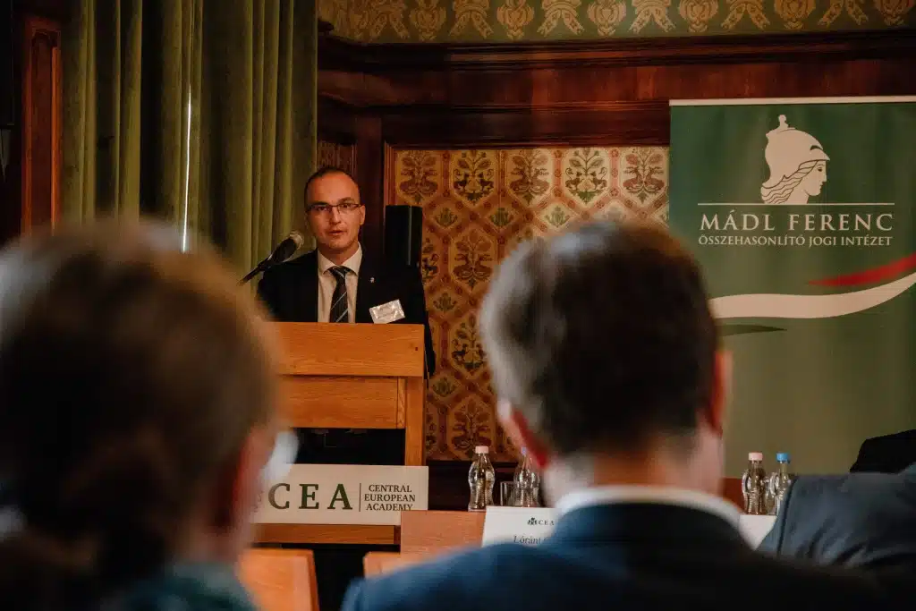 Male speaker at the CEA podium addressing the audience