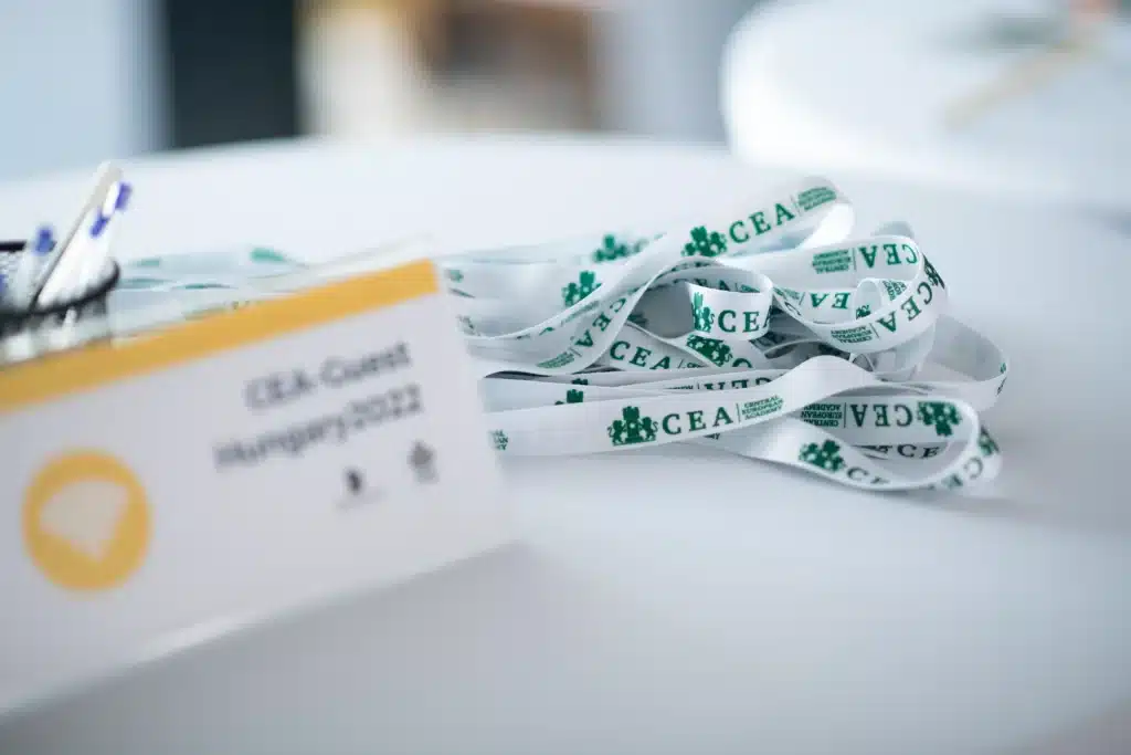 Close-up of CEA branded lanyards