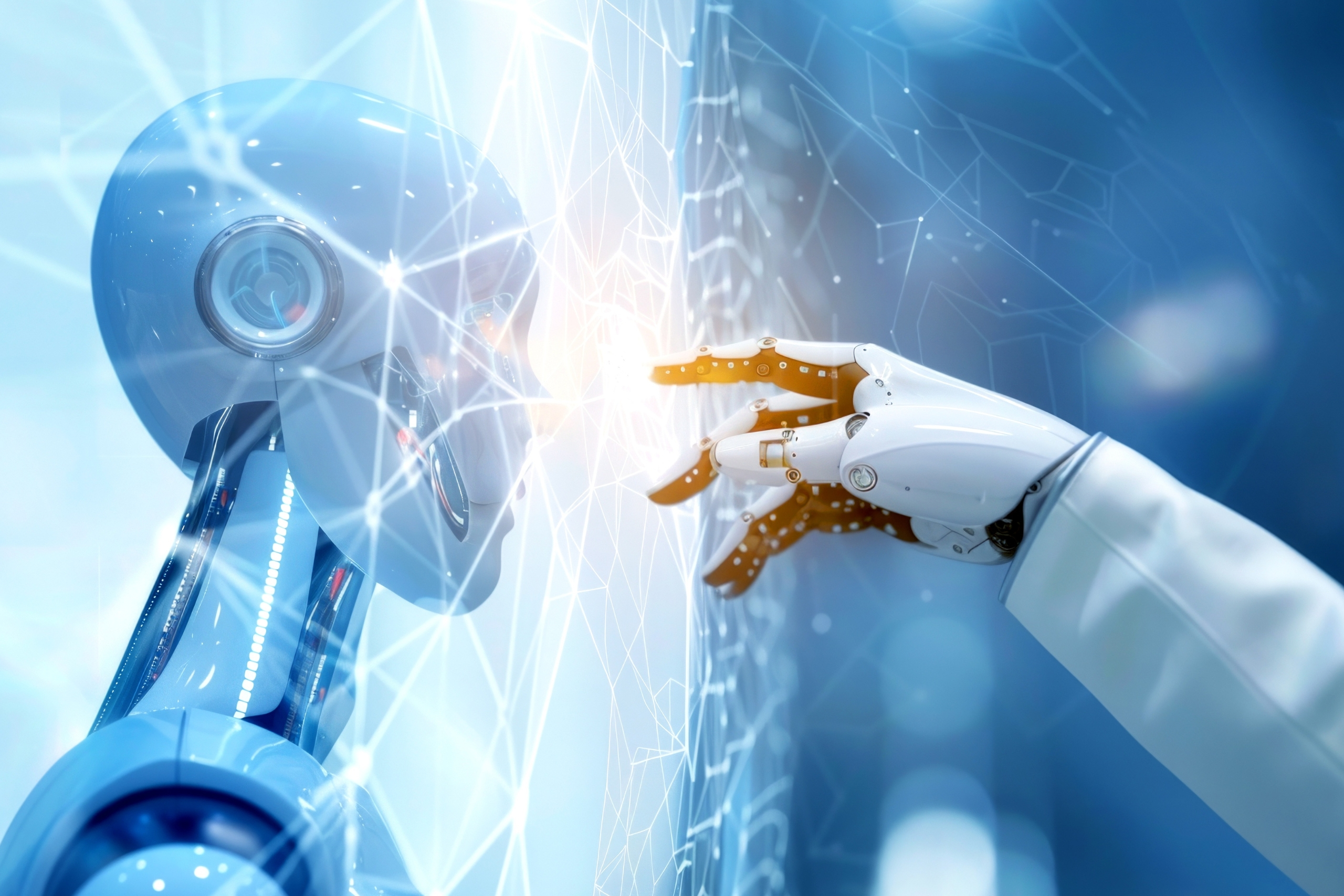 Robot és emberi kéz érintkezése digitális háttérrel