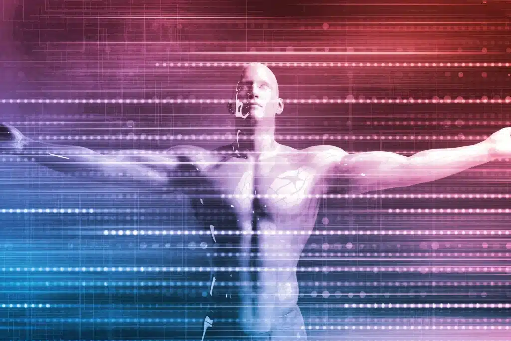 Digitális illusztráció emberi alakról kitárt karokkal, futurisztikus fényekkel és adatvonalakkal körülvéve.