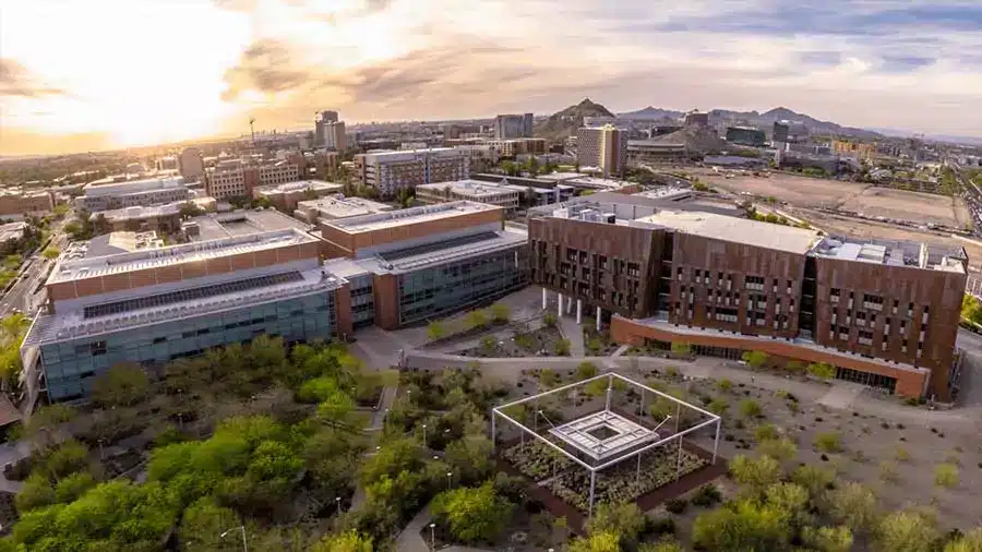 University campus buildings and green area from an aerial view