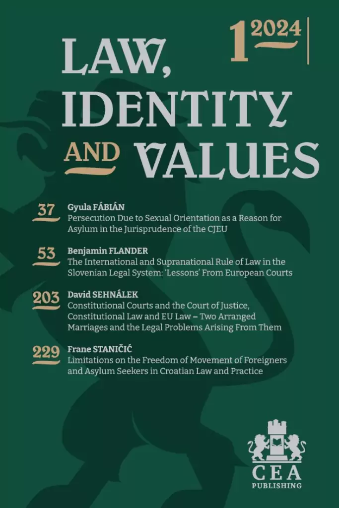 Law, Identity and Values 2024/1 borító, CEA Publishing. Cikkek menedékjogról, EU-jogról és mozgásszabadságról.