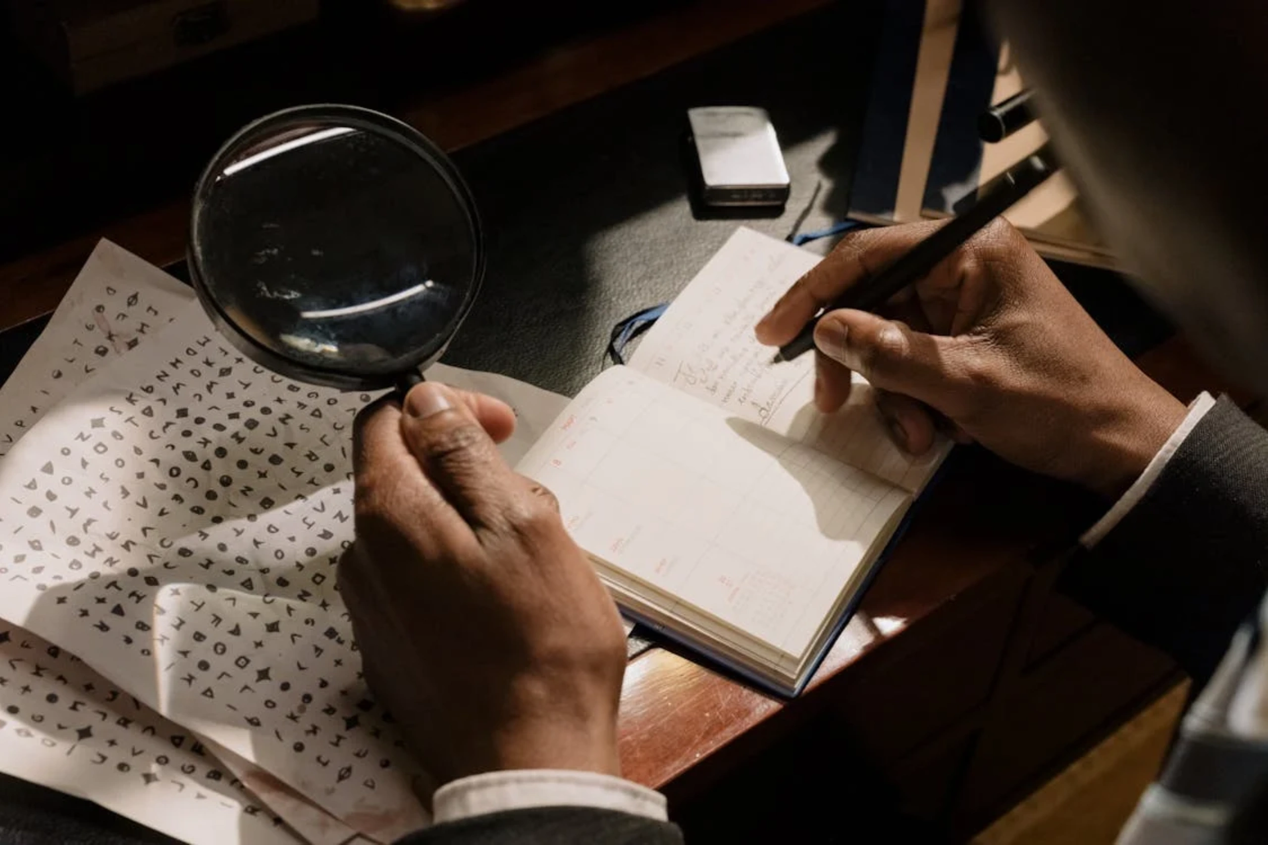 Hand writing in a notebook or document with a pen